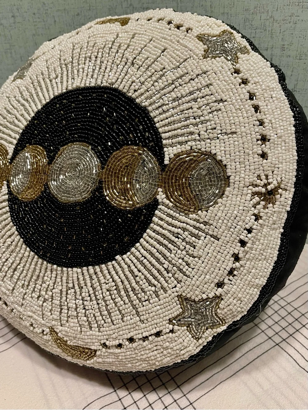Round FULLY BEADED Moon Phase Pillow in Black, White & Gold CELESTIAL DECOR
